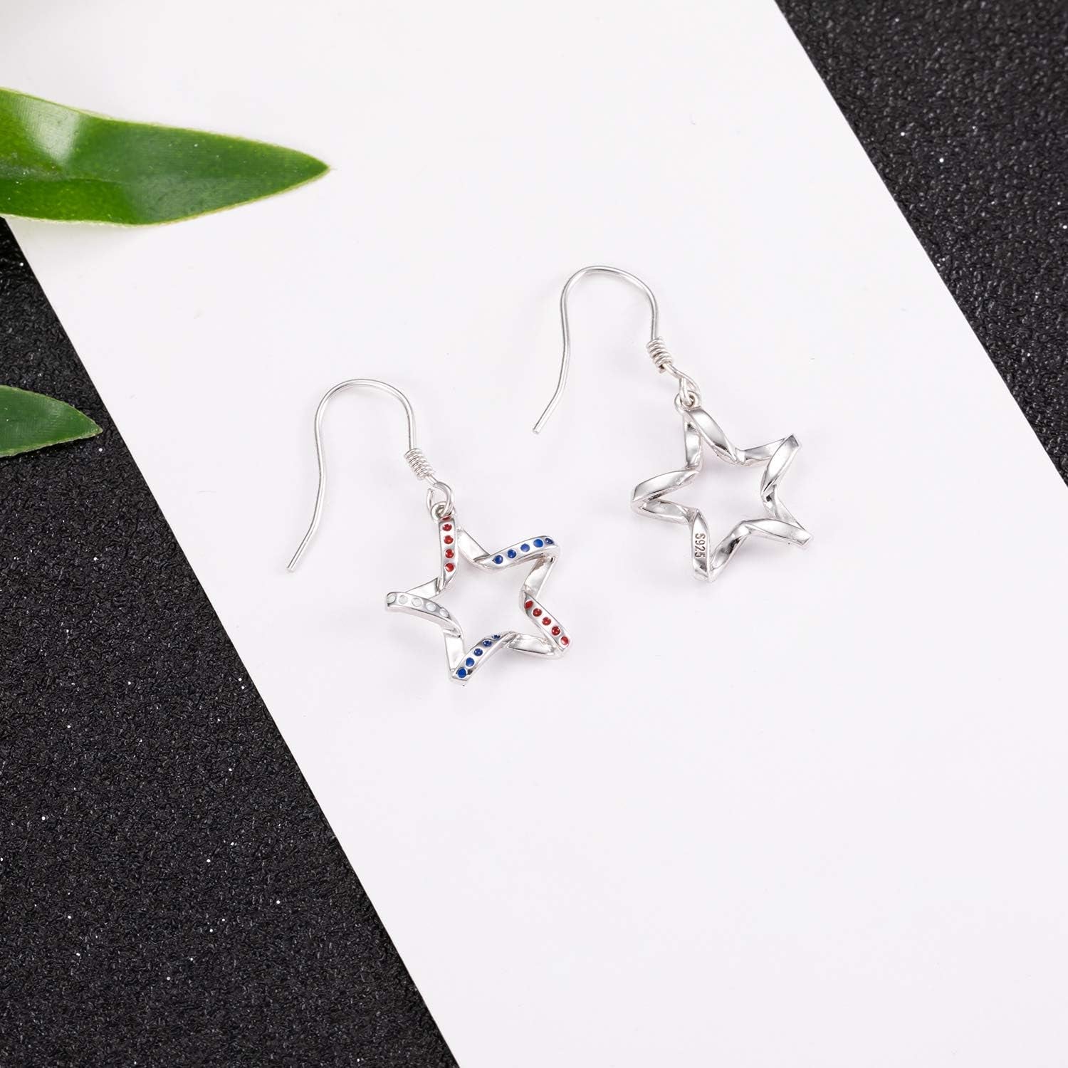 USA Flag Dangle Earrings for Women: 925 Sterling Silver American Patriotic Red White and Blue Star Drop Earrings America Independence Day 4Th of July Patriotic Jewelry Gifts for Teens Girls