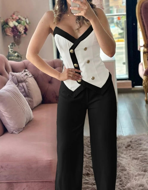 Load image into Gallery viewer, Women&#39;S Sexy Double Breasted Chain Strap Cami Top &amp; Casual High Waist Leg Pants Set Female Fashion Trousers Sets 2 Piece Outfits
