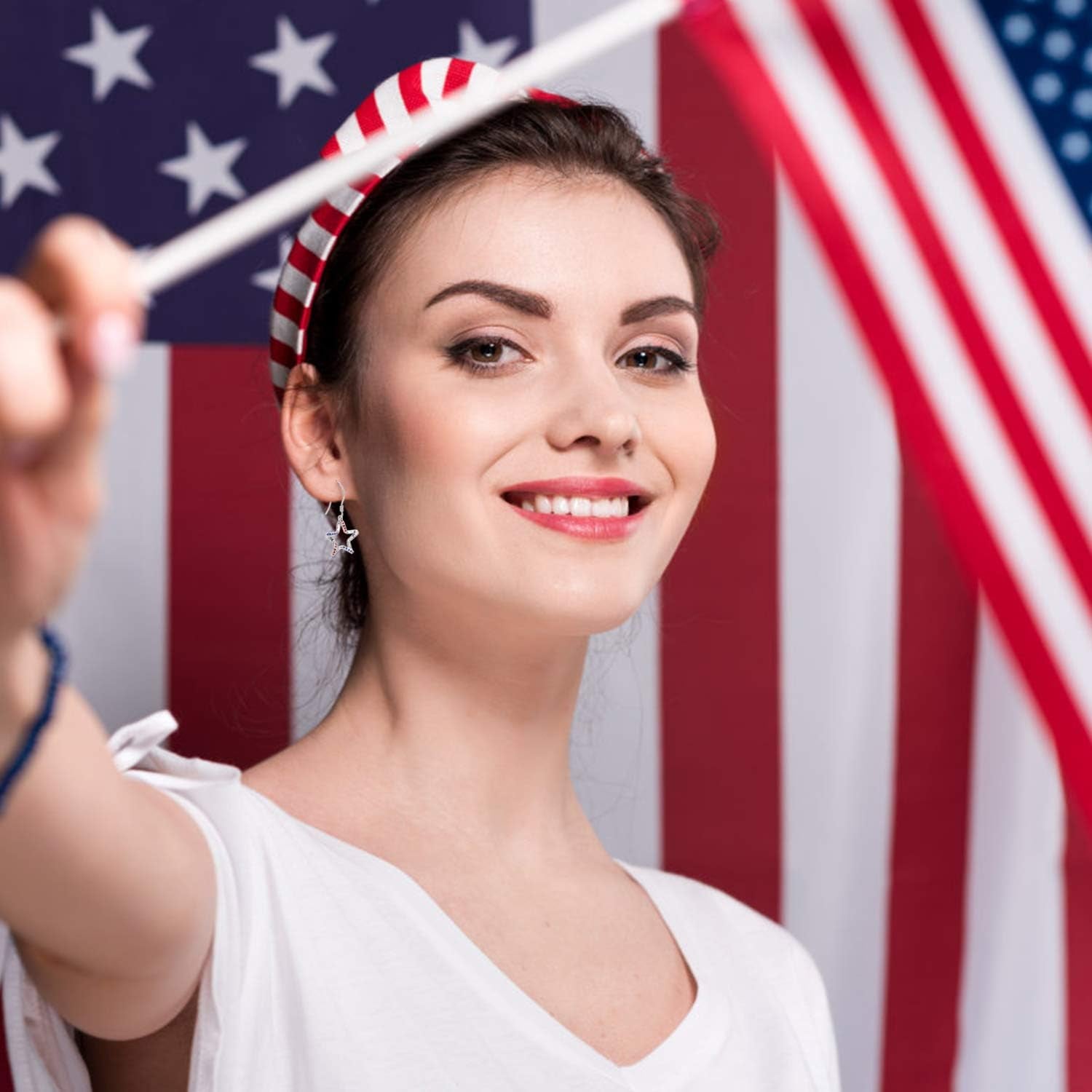 USA Flag Dangle Earrings for Women: 925 Sterling Silver American Patriotic Red White and Blue Star Drop Earrings America Independence Day 4Th of July Patriotic Jewelry Gifts for Teens Girls