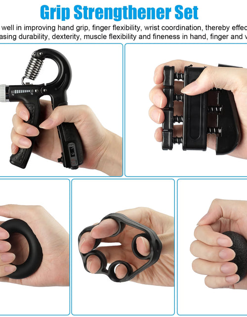 Load image into Gallery viewer, 5Pcs Hand Grip Strengthener Forearm Workout Kit,  Grip Strength Trainer, Adjustable Resistance 22 to 132Lbs Hand Gripper, Finger Exerciser, Finger Stretcher, Grip Loop, Stress Relief Grip Ball
