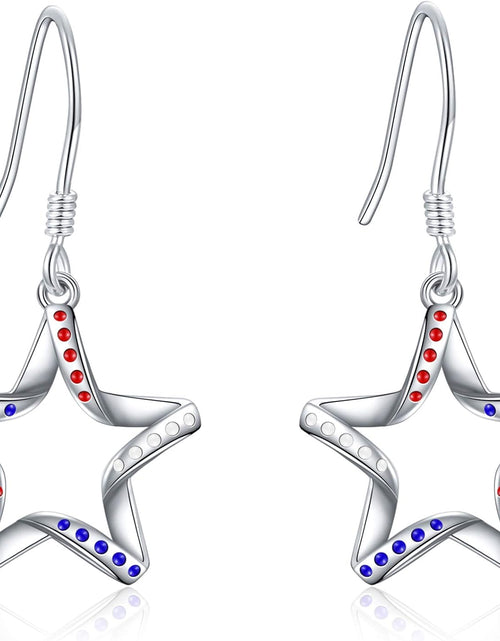 Load image into Gallery viewer, USA Flag Dangle Earrings for Women: 925 Sterling Silver American Patriotic Red White and Blue Star Drop Earrings America Independence Day 4Th of July Patriotic Jewelry Gifts for Teens Girls
