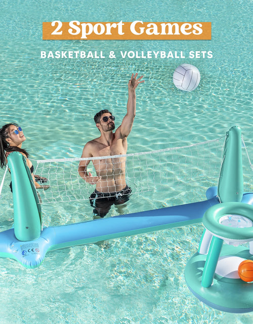 Load image into Gallery viewer, Inflatable Pool Float Game Set with Inflatable Volleyball Net &amp; Basketball Hoops, Summer Pool Game for Kids and Adults - Blue
