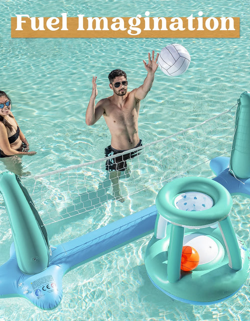 Load image into Gallery viewer, Inflatable Pool Float Game Set with Inflatable Volleyball Net &amp; Basketball Hoops, Summer Pool Game for Kids and Adults - Blue
