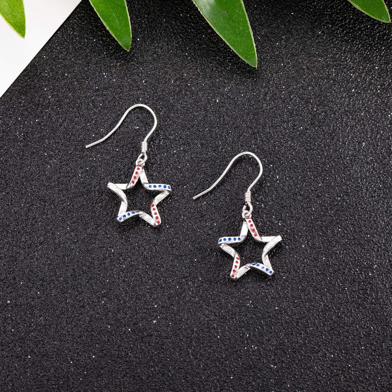 USA Flag Dangle Earrings for Women: 925 Sterling Silver American Patriotic Red White and Blue Star Drop Earrings America Independence Day 4Th of July Patriotic Jewelry Gifts for Teens Girls