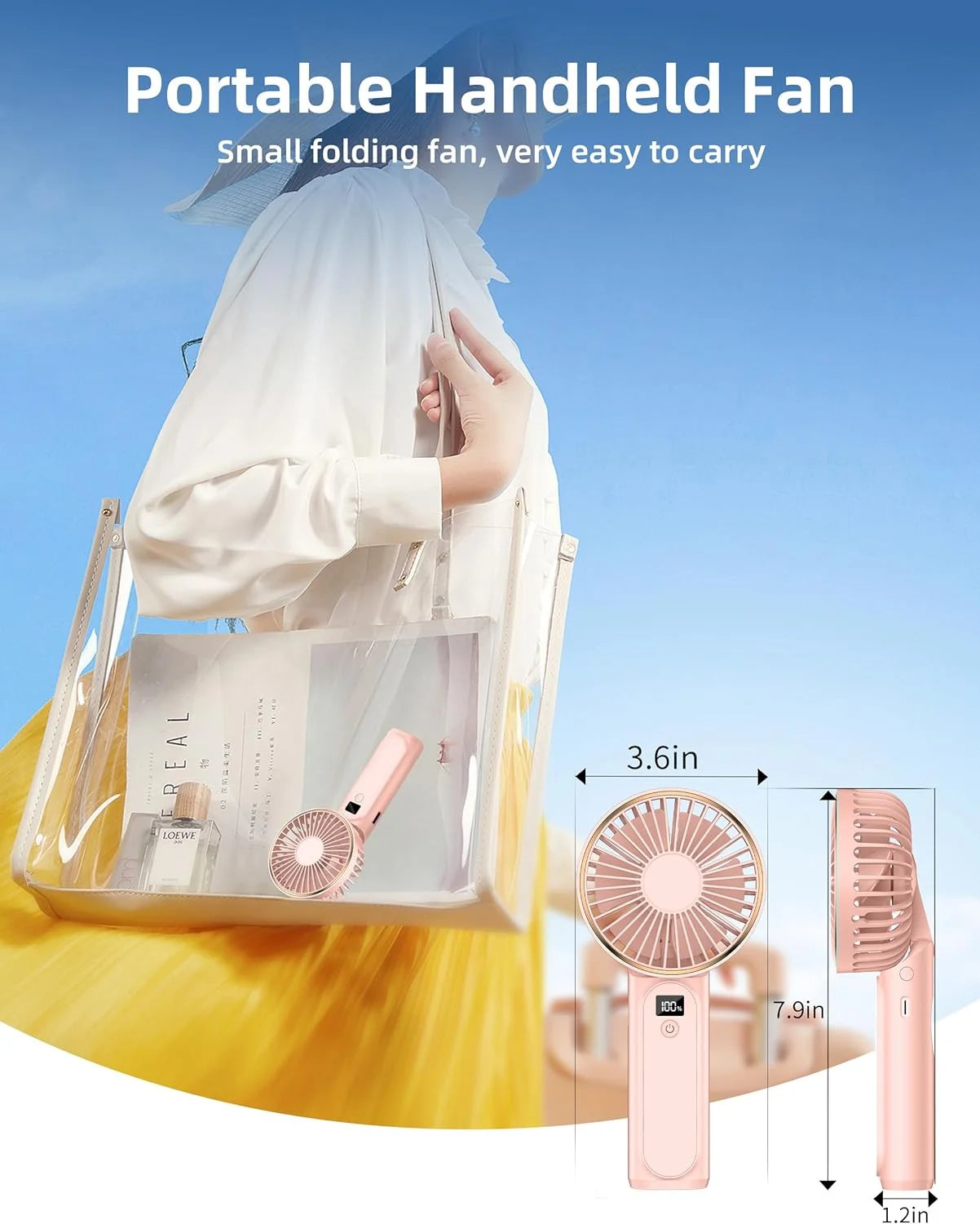 Portable Handheld Mini Fan, Neck Fan, 4000Mah Desk Fan, 180° Adjustable, 6 Speed Wind, Display Electricity in Real Time, USB Rechargeable Foldable Fan, Quiet Personal Fan with Power Bank Pink