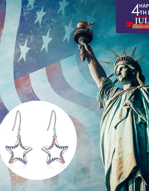 Load image into Gallery viewer, USA Flag Dangle Earrings for Women: 925 Sterling Silver American Patriotic Red White and Blue Star Drop Earrings America Independence Day 4Th of July Patriotic Jewelry Gifts for Teens Girls
