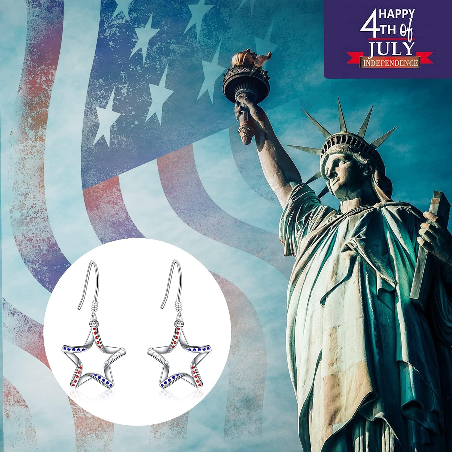 USA Flag Dangle Earrings for Women: 925 Sterling Silver American Patriotic Red White and Blue Star Drop Earrings America Independence Day 4Th of July Patriotic Jewelry Gifts for Teens Girls