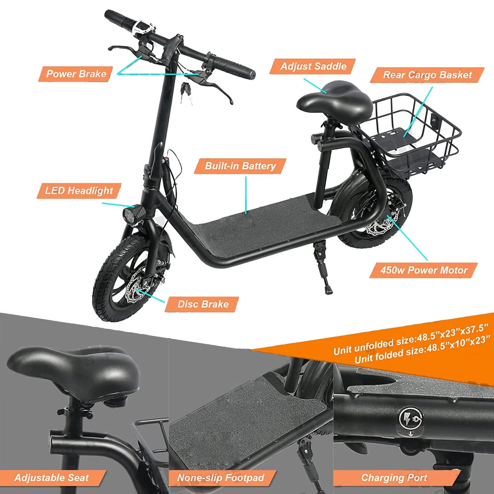 450W 36V Folding Sports Electric Scooters Bike E-Scooter with Seat Ebike Biycle Moped for Adult Commuter, Red