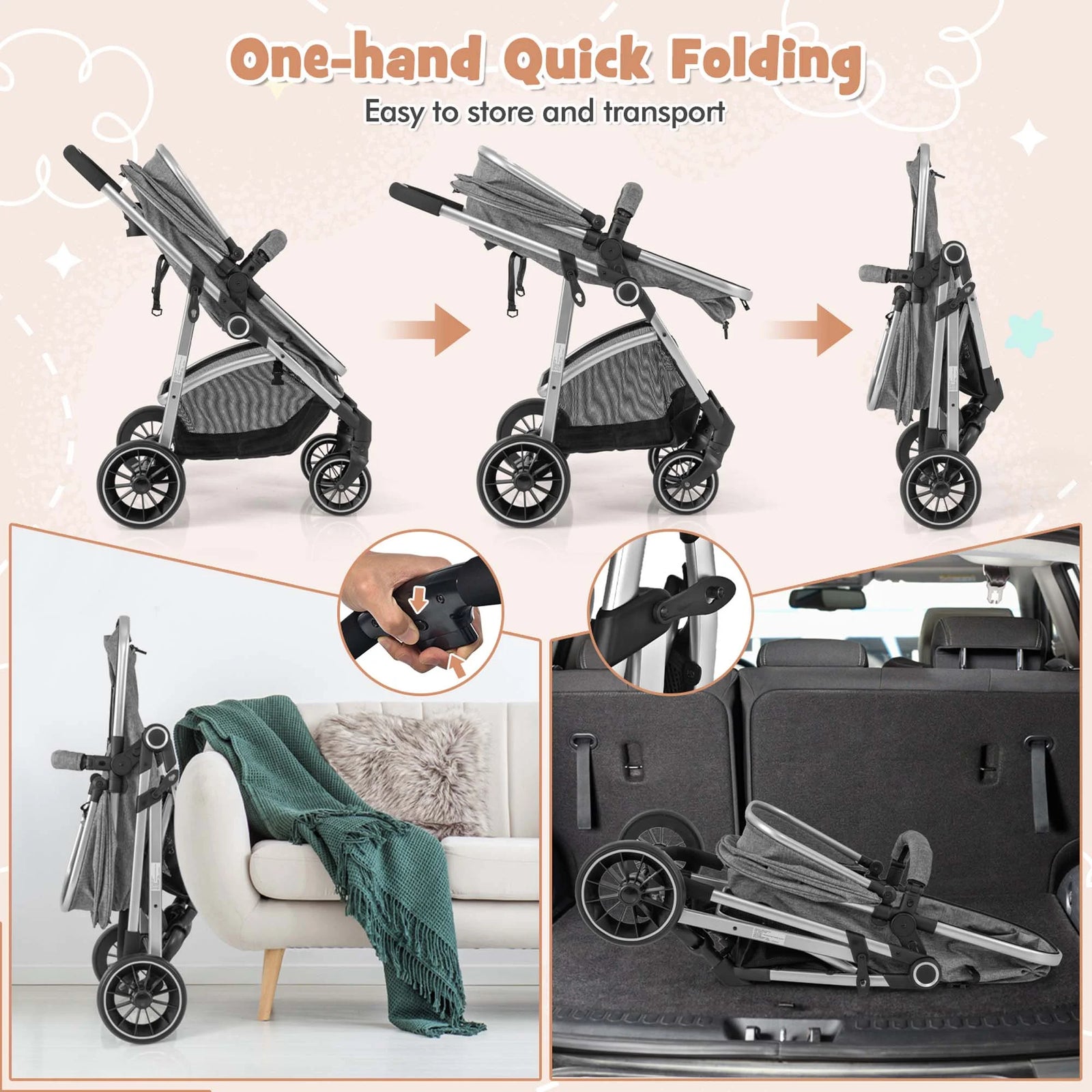 Babyjoy 2 in 1 Convertible Baby Stroller High Landscape Infant Stroller Grey