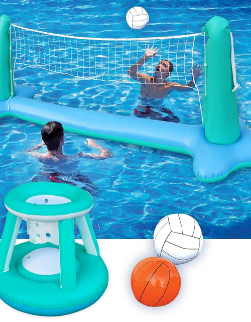 Load image into Gallery viewer, Inflatable Pool Float Game Set with Inflatable Volleyball Net &amp; Basketball Hoops, Summer Pool Game for Kids and Adults - Blue
